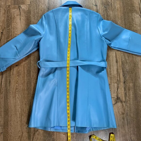 Vintage 60s 70s Faux Leather Trench Coat Belted Light Blue Overcoat - Picture 16 of 16